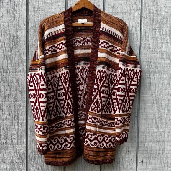Lucky Brand Aztec Print Knit Cardigan Open Front Brown Boho Women's Medium - Picture 1 of 8